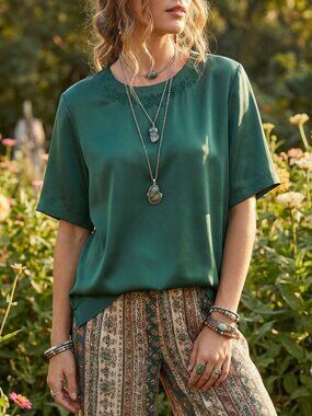 VTG Alfred Dunner 90s Top 14 Green Satin Embroidered Mori Forest Old Money Art